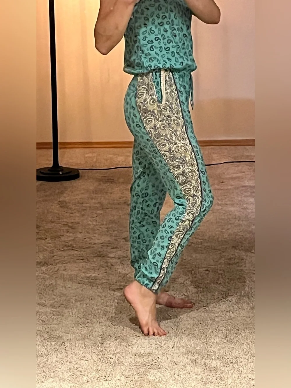 Vintage Havana Teal Leopard-Print Romper with Paisley Side Stripes